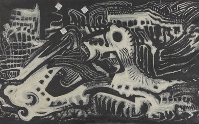 Millie Frood, Scottish 1900–1988- Black and white abstract, 1977; oil on canvas with mirror, signed and dated on the reverse 'M. Frood '77', 60 x 105.5 cm (ARR) Provenance: gifted by the Artist and thence by descent