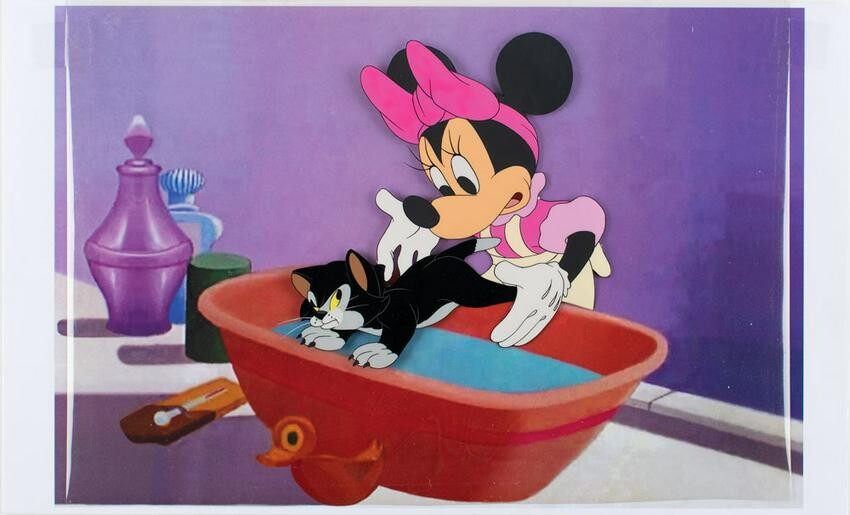 Minnie Mouse and Figaro production cel from Bath Day