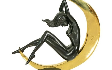 Modern Bronze Nude Woman & Crescent Moon Sculpture