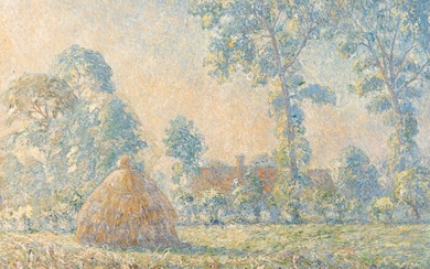 Modest Huys (1874-1932), 'Het Erf', misty haystacks, ca. 1908, oil on canvas, 65 x 84 cm