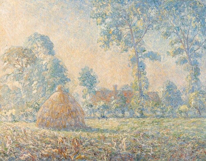 Modest Huys (1874-1932), 'Het Erf', misty haystacks, ca. 1908, oil on canvas, 65 x 84 cm