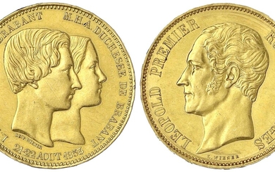 Monnaies et médailles d'or étrangères, Belgique, Léopold Ier, 1831-1865, 100 francs 1853. L. WIENER. Pour...