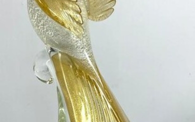 Murano Art Glass Bird Sculpture with Red Beak and Gold