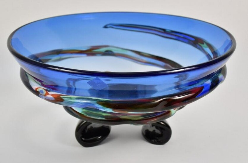 Murano Glass Bowl, Blue with Apjplied Decoration on