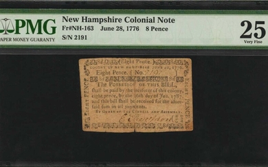 NH-163. New Hampshire. June 28, 1776. 8 Pence. PMG Very Fine 25 Net. Tears.