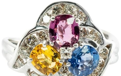 Natural Blue Pink Yellow Sapphire Diamond Ring 14K Gold