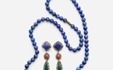 Navajo Melvin Francis Sterling Earrings + Lapis Bead Necklace