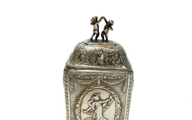 Nereshiemer German 930 Sterling Silver Footed Tea Caddy c1895 Repousse Figures