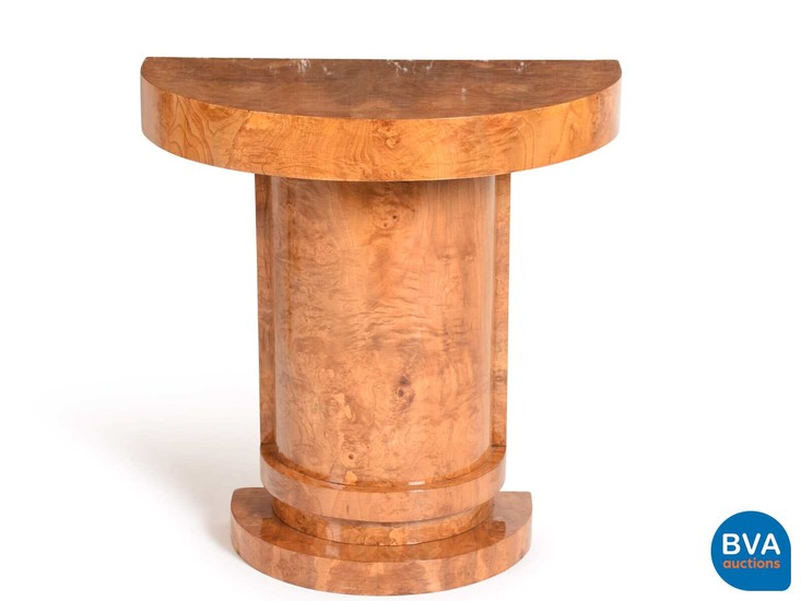 Walnut Art Deco half-moon table.