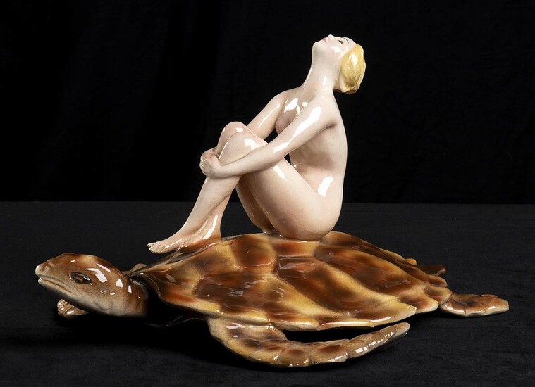 Nude on turtle Glazed ceramic shaped as slip casting....