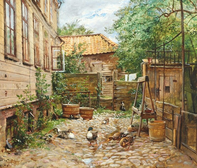 O. A. Hermansen: Scenery from a backyard with a cat and some ducks. Signed and dated with monogram 1896. Oil on canvas. 45.5×54 cm.