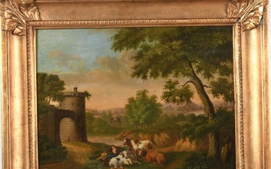 OMMEGANCK B.P. (1755-1826). « Le gardien du troupeau dans un paysage près d’une forteresse »....