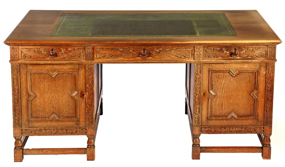 (-), Oak Pander desk with stitching, 2 drawer...