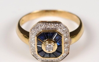 Octagonal ring in yellow gold (750) set with diamonds and calibrated sapphires. T: 56, Gross weight: 4.69 gr.