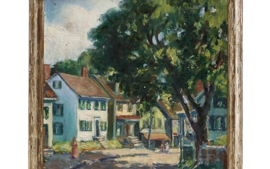 Oil Painting of Scenic Residential Neighborhood, Mid to Late 20th Century