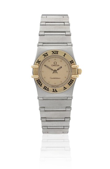 Omega. A lady's stainless steel and gold quartz bracelet watch, Constellation, c. 1990 champagne dial with applied gold hour dots, outer printed five minute divisions, luminous filled hands, brushed and polished steel case with fixed gold Roman...