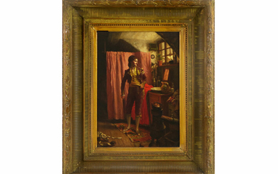 Onleesbaar getekend negentiende eeuws olieverfschilderij op paneel : "Personage in interieur" - 42 x 30 ||illegibly signed 19th Cent. oil on panel