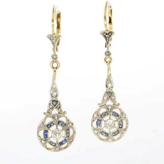 Original Vintage Art Deco 18K Gold and Platinum Diamond and Sapphire Earrings