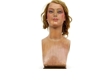 Oude etalagepop in papier mâché : buste met vrouwenhoofd met pruik - hoogte : 52...