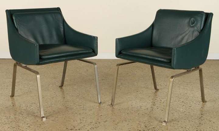 PAIR LEATHER STEEL CHAIRS POSSIBLY POUL KJAERHOLM