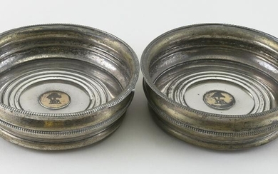 PAIR OF SILVER PLATED WINE BOTTLE COASTERS England