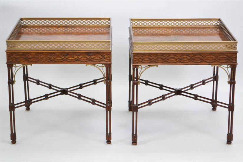 PAIR OF THEODORE ALEXANDER BRASS MOUNTED MAHOGANY END TABLES