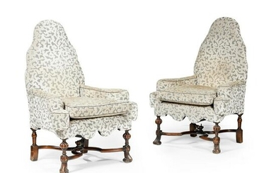 PAIR OF WILLIAM AND MARY STYLE UPHOLSTERED WALNUT