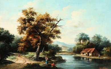 Painter unknown, 19th century: River landscape with figures. Signed Jean Vernet. Oil on canvas. 73×48 cm.