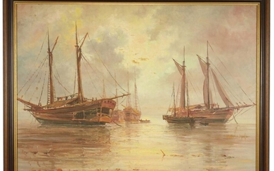 Paintings, engravings, etc. - Basar (1901-1990), sailing ships moored off the coast, oil on canvas, signed - 70 x 100 cm