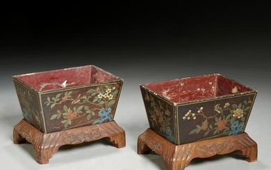 Pair Chinese lacquer jardinieres on stands