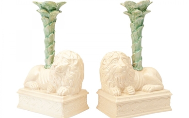 Pair Of Italian Ceramic Lion Candlesticks