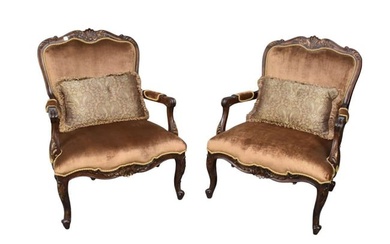 Pair Oversized Armchairs, Carved Wood Gilded Accents, Gold Velvet Upholstery, 43"h x 32"w x 24"d