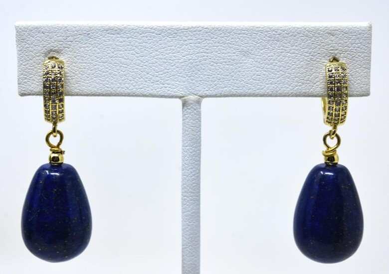 Pair Pave & Carved Lapis Lazuli Tear Drop Earrings