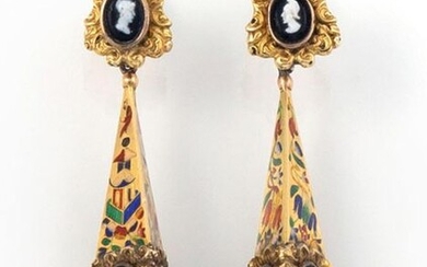 Pair of 18K yellow gold and 925 silver EARRINGS decorated...