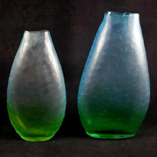 Pair of 2 Ombre Faceted Frosted Glass Flattened Vases