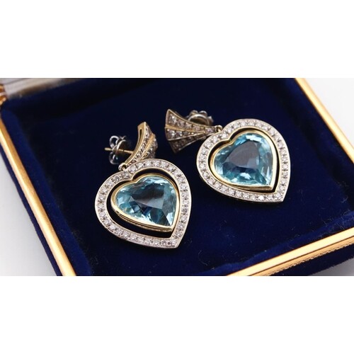 Pair of Blue Topaz and Diamond Set Ladies Heart Motif Earrin...