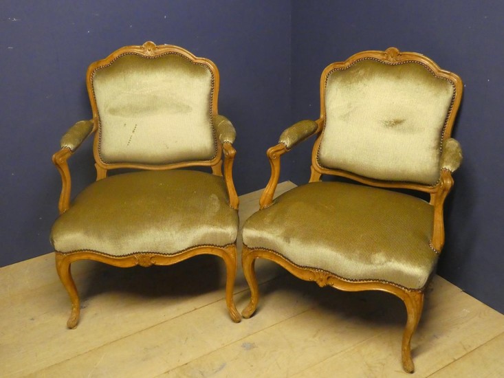 Pair of C19th French beechwood fauteuils covered in a stripe...
