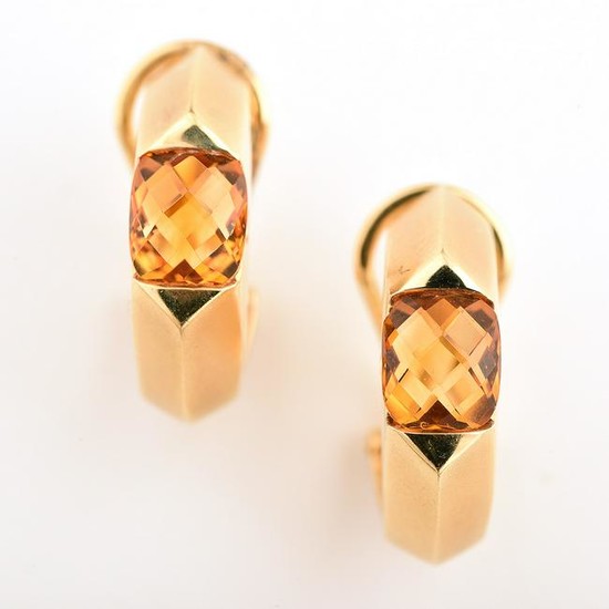 Pair of Citrine, Diamond, 18k Yellow Gold Earrings.