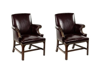 Pair of English Burgundy Leather Library Armchairs