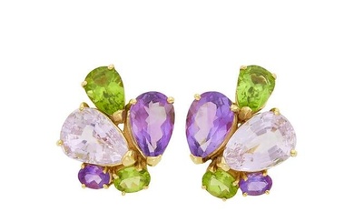 Pair of Gold, Kunzite, Amethyst and Peridot Cluster Earclips