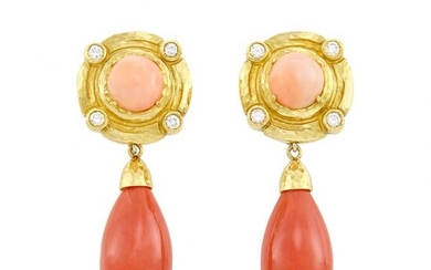 Pair of Hammered Gold, Coral and Diamond Pendant-Earrings