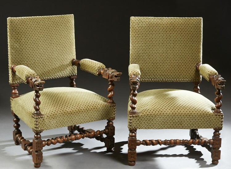 Pair of Henri II Style Carved Oak Fauteuils, late 19th