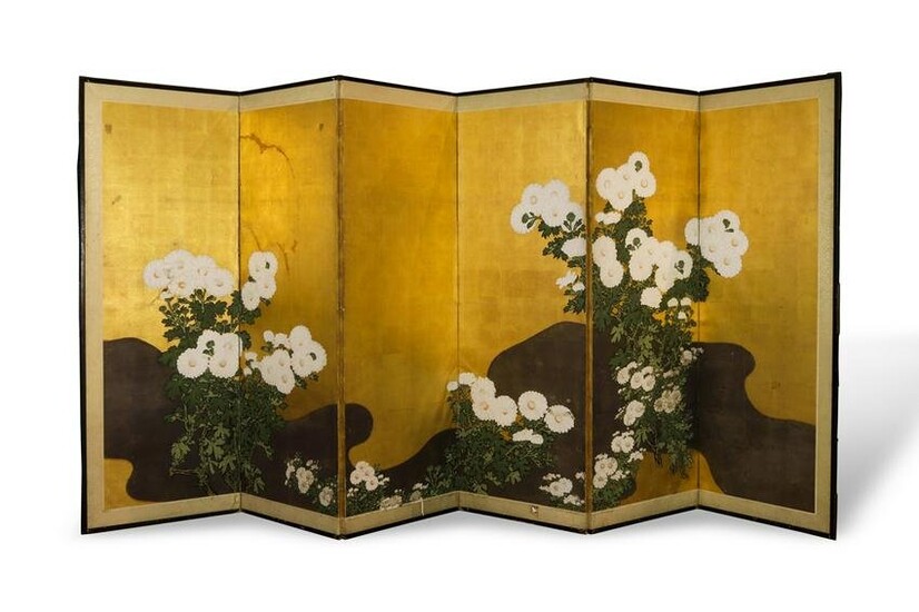Pair of Japanese Rimpa school six-panel folding screens