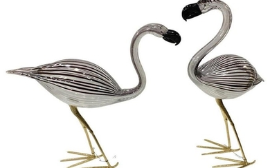 Pair of Luigi Mellara Murano Flamingo Birds on Brass Legs Sculpture