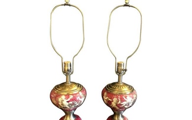 Pair of Neoclassical Cranberry Glass Decoupage Cherub Decorated Table Lamps