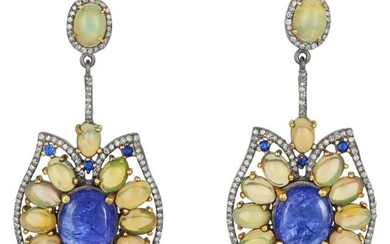 Pair of Silver, Gold, Tanzanite, Opal and Diamond Pendant Earrings