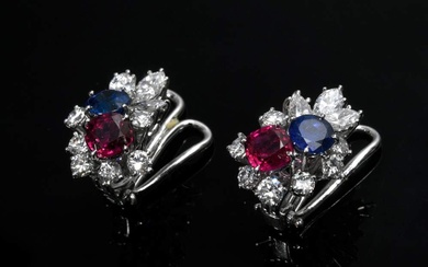 Pair of Wilm white gold 750 earclips with brilliant-cut diamonds and navette diamonds (together approx. 1.59ct/VSI-SI/W-TCR), rubies (together approx. 1.25ct) and sapphires (together approx. 1.02ct), 7g, 1.7x1.2cm, box, original design drawing...
