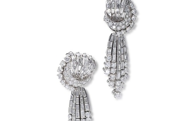 Pair of diamond pendent ear clips, 1950s