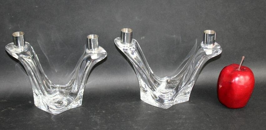 Pair of unmarked Daum crystal Modern candlesticks