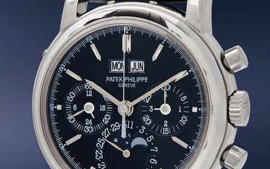 Patek Philippe, Ref. 3970EG-018 An extraordinarily rare, elegant, and extremely well-preserved white gold perpetual calendar wristwatch with black dial, leap-year indicator, moon phase, additional solid caseback, setting pin, and Certificate of Origin...
